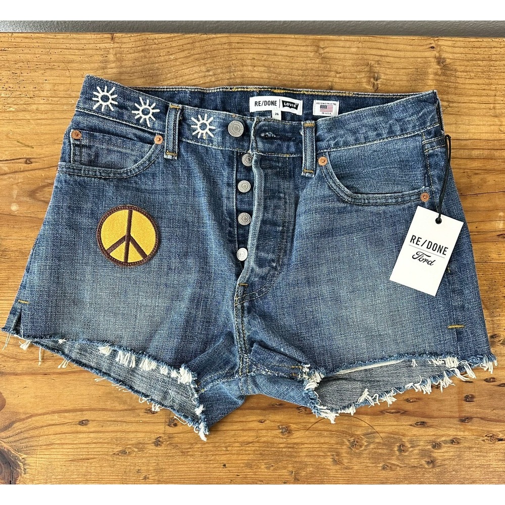 RE/DONE Levi's x Ford Jean Shorts 26 Patches Indigo Reconstructed Retail $350